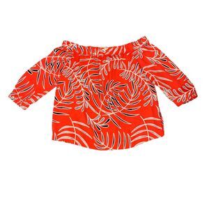 Halogen Off Shoulder Blouse Womens S Small Poppy Leaf Crop Top Mid Sleeve Shirt